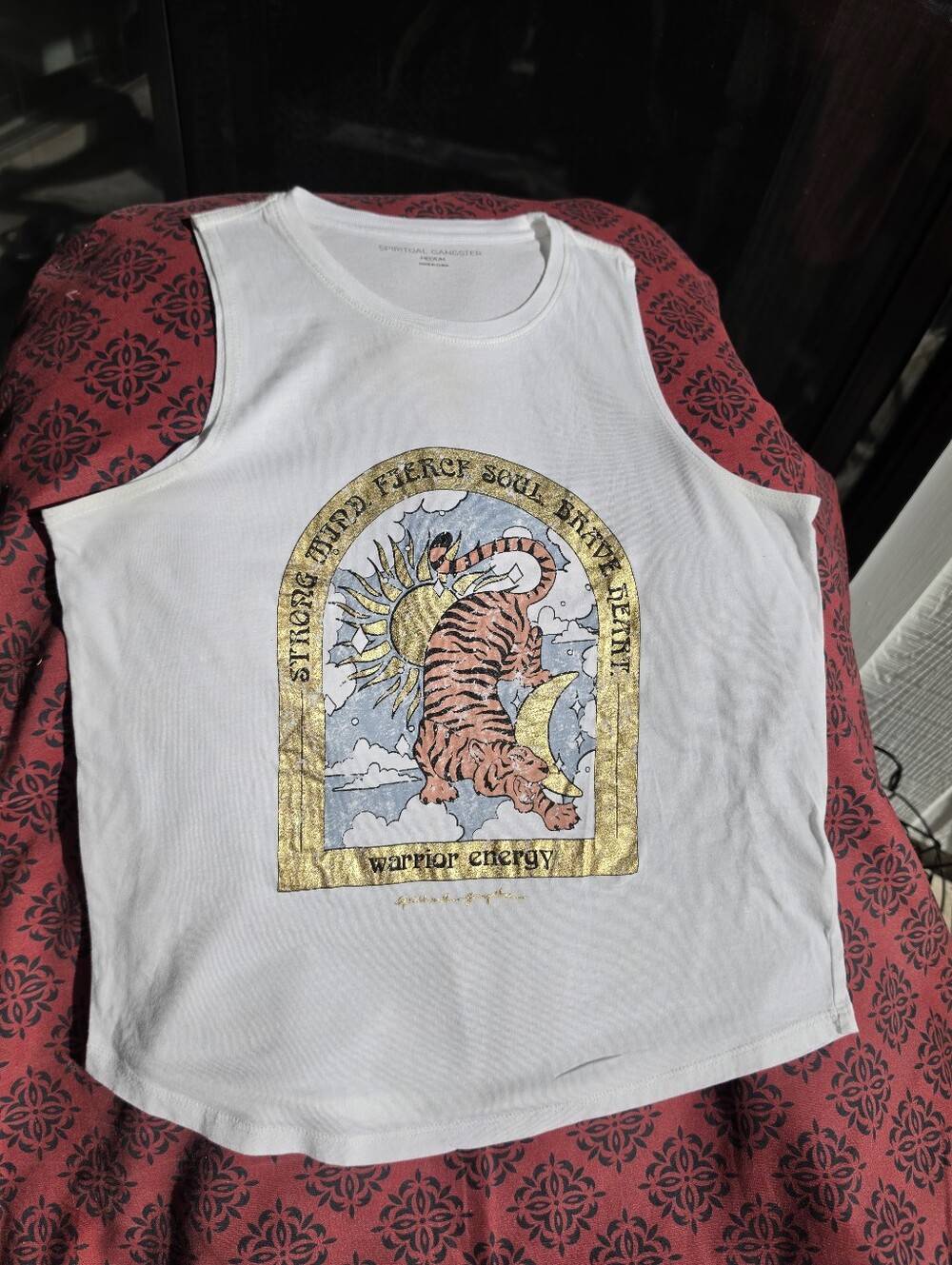 Spiritual Gangster tank top features a "Warrior Energy" tiger graphic Medium